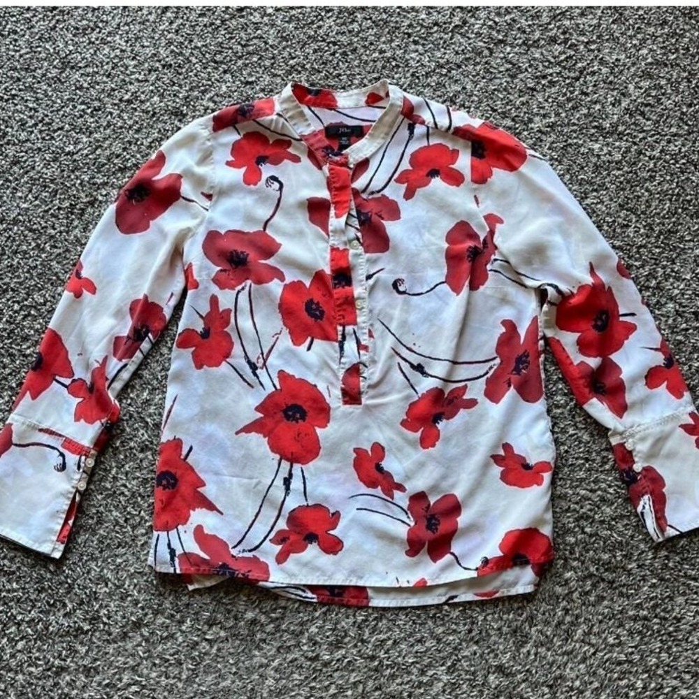 J.Crew Womens XS Silk Poppy Floral Blouse Red White Long Sleeve Button Front